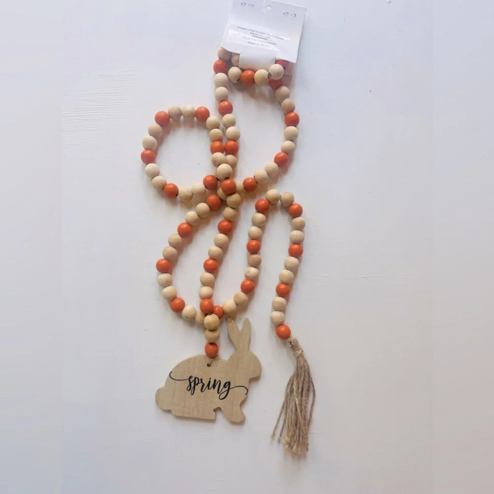 NEW NORDSTROM SPRING Easter Bunny Wooden Bead Garland 5 Ft Tassel Orange 🐰